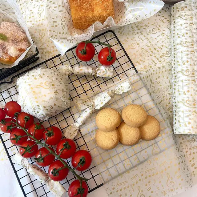 Alt view image 7 of 7 - 150 Gold and White Music Note Patterned Wax Paper, Food Picnic Greaseproof Paper, Waterproof Dry Hamburger Liners Wrapping Tissue for Plastic Food Basket