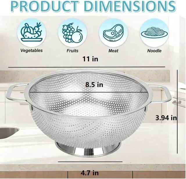 Alt view image 2 of 7 - 304 Stainless Steel Colander, Micro-Perforated 3-Quart Strainer with Base, Dishwasher Safe. Great for Pasta, Noodles, Vegetables & Fruits