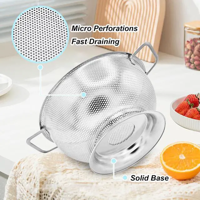 Alt view image 3 of 7 - 304 Stainless Steel Colander, Micro-Perforated 3-Quart Strainer with Base, Dishwasher Safe. Great for Pasta, Noodles, Vegetables & Fruits