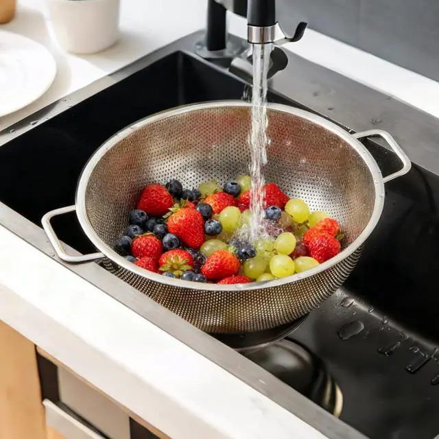 Alt view image 4 of 7 - 304 Stainless Steel Colander, Micro-Perforated 3-Quart Strainer with Base, Dishwasher Safe. Great for Pasta, Noodles, Vegetables & Fruits