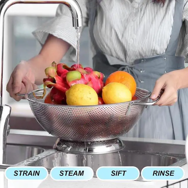Alt view image 5 of 7 - 304 Stainless Steel Colander, Micro-Perforated 3-Quart Strainer with Base, Dishwasher Safe. Great for Pasta, Noodles, Vegetables & Fruits