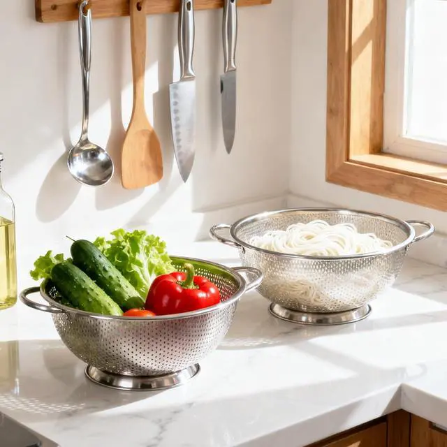 Alt view image 7 of 7 - 304 Stainless Steel Colander, Micro-Perforated 3-Quart Strainer with Base, Dishwasher Safe. Great for Pasta, Noodles, Vegetables & Fruits