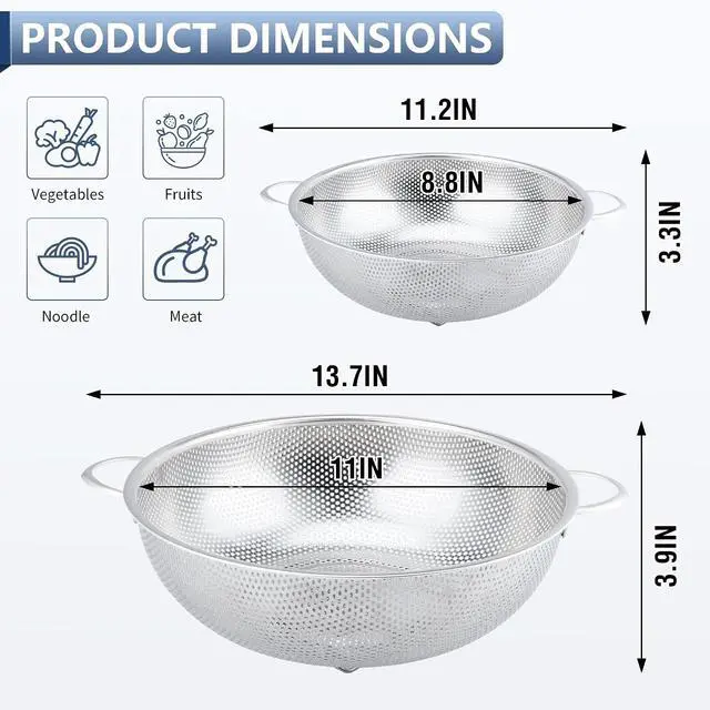 Alt view image 2 of 7 - Gulex Colander Stainless Steel 3-Quart with Base, Strainer for Kitchen Food