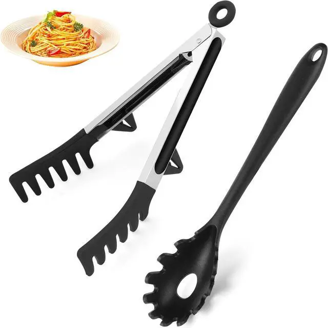 Main image of Upgraded Silicone Spaghetti Spoon and Pasta Tong Set Sturdy Pasta Fork with Teeth, Noodle Spoon Server, and Multi-Purpose Tongs for Cooking and Serving