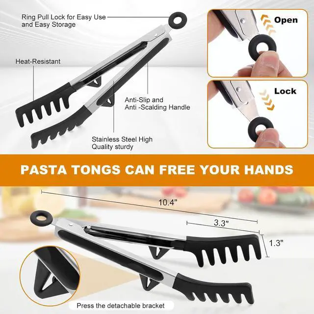 Alt view image 3 of 7 - Upgraded Silicone Spaghetti Spoon and Pasta Tong Set Sturdy Pasta Fork with Teeth, Noodle Spoon Server, and Multi-Purpose Tongs for Cooking and Serving