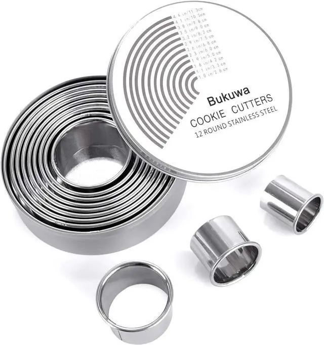 Main image of Bukuwa 12 Pcs Round Cookie Biscuit Cutter Set, Graduated Circle Cutters