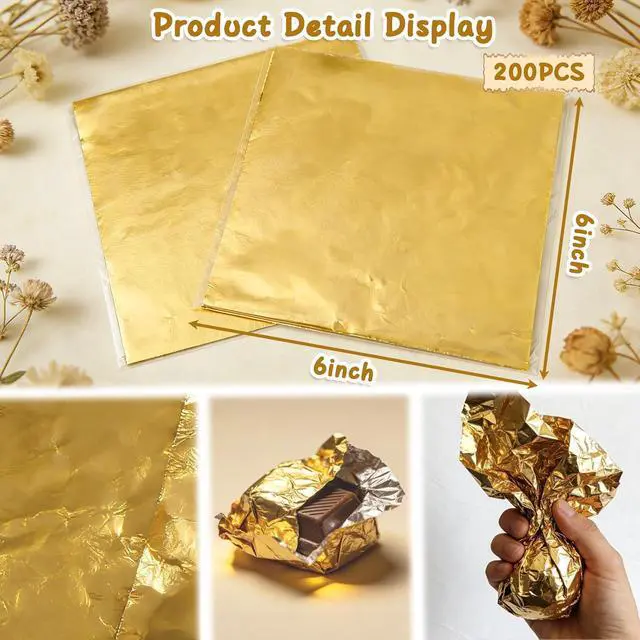Alt view image 2 of 7 - Wowagoga 200 Pcs Foil Candy Wrappers - 6x6 Inches Gold Aluminum Foils Paper