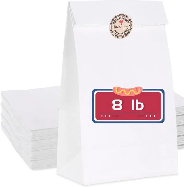 Main image of GRANDAN 8 Lb Paper Lunch Bags, Pre-folded 6.1x4x11.8'' Food Grade Recyclable White Kraft Sack Bags for Homemade Food Packing Storage, Bonus Label Seal Stickers (20 Pack)