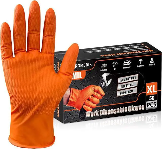 Main image of PROMEDIX P Heavy Duty Nitrile Disposable Gloves,8-mil Orange,Raised Diamond Texture Work GlovesIndustrial Work gloves