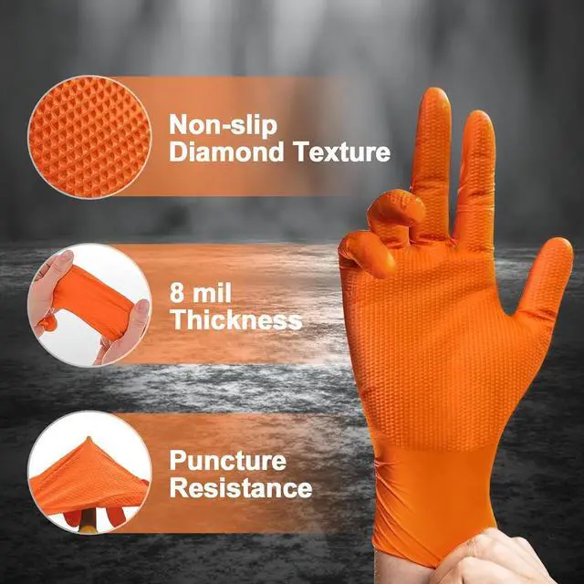 Alt view image 2 of 6 - PROMEDIX P Heavy Duty Nitrile Disposable Gloves,8-mil Orange,Raised Diamond Texture Work GlovesIndustrial Work gloves
