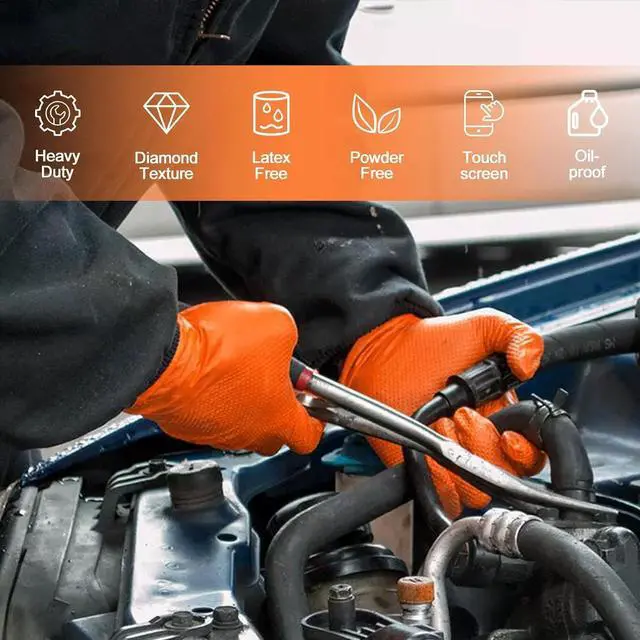 Alt view image 4 of 6 - PROMEDIX P Heavy Duty Nitrile Disposable Gloves,8-mil Orange,Raised Diamond Texture Work GlovesIndustrial Work gloves