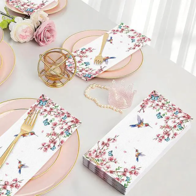 Alt view image 5 of 7 - 50 Count Disposable Bathroom Hand Towels, Paper Guest Towels for Bathroom, Butterfly Flower Bird Napkin, Disposable Guest Napkins for Birthday and Holiday Party Supplies