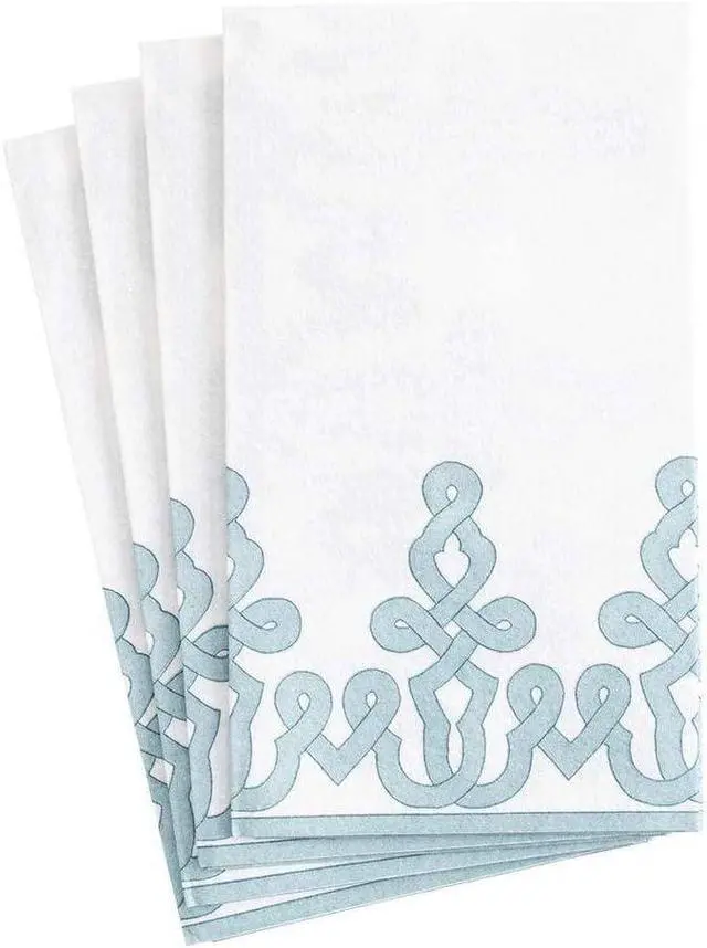 Main image of Caspari Dessin Passementerie Paper Linen Disposable Bathroom Guest Towel Napkins in Stone Blue - 12 Count