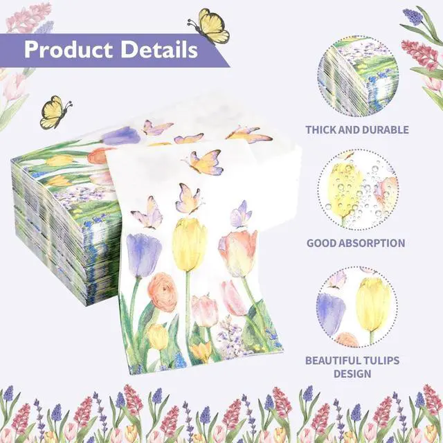 Alt view image 3 of 7 - 100Pcs Disposable Floral Paper Napkins Spring Tulip Guest Napkins Watercolor Flower Dinner Party Napkins Decorative Hand Towel for Bathroom Wedding Baby Shower Party Supplies Table Decor