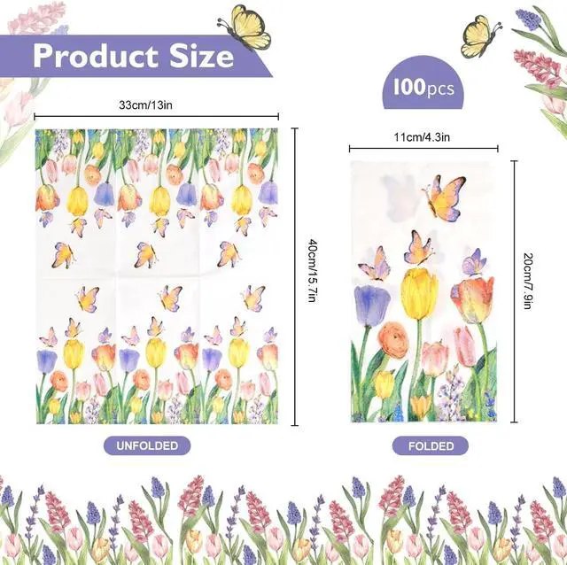 Alt view image 2 of 7 - 100Pcs Disposable Floral Paper Napkins Spring Tulip Guest Napkins Watercolor Flower Dinner Party Napkins Decorative Hand Towel for Bathroom Wedding Baby Shower Party Supplies Table Decor