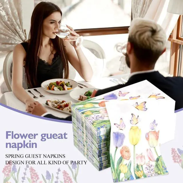 Alt view image 4 of 7 - 100Pcs Disposable Floral Paper Napkins Spring Tulip Guest Napkins Watercolor Flower Dinner Party Napkins Decorative Hand Towel for Bathroom Wedding Baby Shower Party Supplies Table Decor