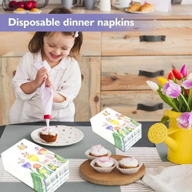Alt view image 6 of 7 - 100Pcs Disposable Floral Paper Napkins Spring Tulip Guest Napkins Watercolor Flower Dinner Party Napkins Decorative Hand Towel for Bathroom Wedding Baby Shower Party Supplies Table Decor