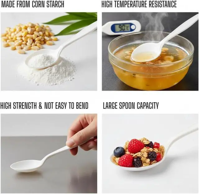 Alt view image 4 of 5 - Eco-Friendly 6" Disposable Soup Spoons - 50 Pack Heavy Duty Disposable Silverware, Extra-Length Cornstarch Serving Spoons for Hot Soup, Ice Cream,Chili, Parties (Ivory)