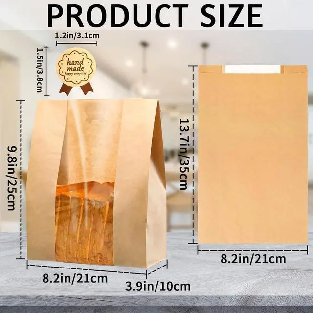 Alt view image 2 of 7 - 10 Pack Large Paper Bakery Sourdough Bags With Clear Window for Homemade Bread - Food Packaging Storage (13.7x8.2x3.5 Inch) (Brown)
