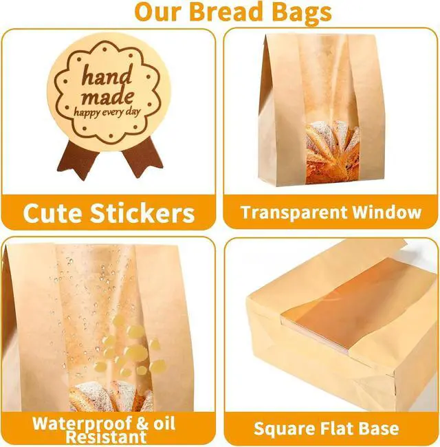 Alt view image 7 of 7 - 10 Pack Large Paper Bakery Sourdough Bags With Clear Window for Homemade Bread - Food Packaging Storage (13.7x8.2x3.5 Inch) (Brown)