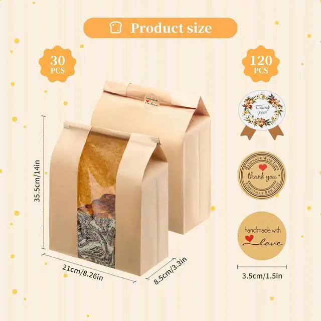 Alt view image 3 of 7 - 30 Pack Large Paper Sourdough Bread Bags with Tin Tie Tabs & 120 Stickers