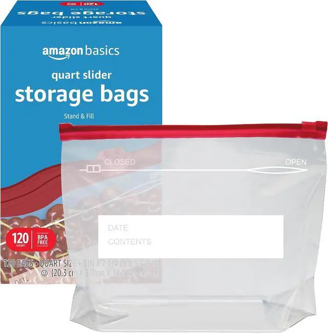Alt view image 3 of 5 - Amazon Basics Slider Quart Food Storage Bags with Stand-Up Bottom, Easy to Fill, BPA Free, 120 Count (Previously Solimo)