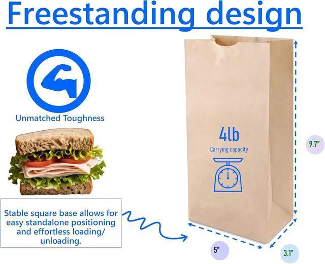 Alt view image 2 of 7 - 4LB Kraft Brown Paper Lunch Bags 100 Count, Lunch Sack 9.75 x 5 x 3 Inches, Disposable Paper Bags Lunch Size for Sandwich, Snacks & Food Service