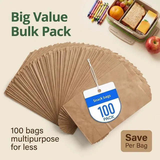 Alt view image 7 of 7 - 4LB Kraft Brown Paper Lunch Bags 100 Count, Lunch Sack 9.75 x 5 x 3 Inches, Disposable Paper Bags Lunch Size for Sandwich, Snacks & Food Service