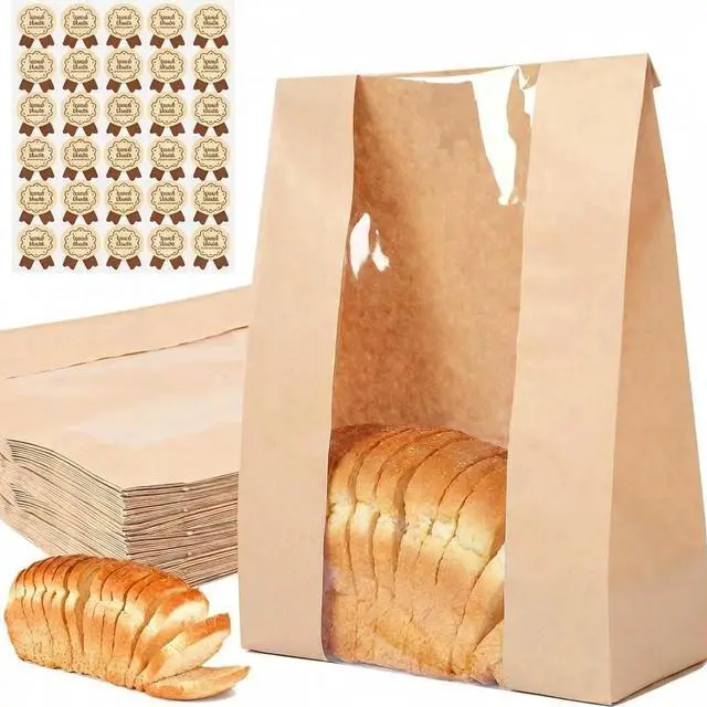 Main image of 30 pack bread paper bags with window, including 30 homemade bread storage label seal stickers (13.7x8.3x3.5 inches)
