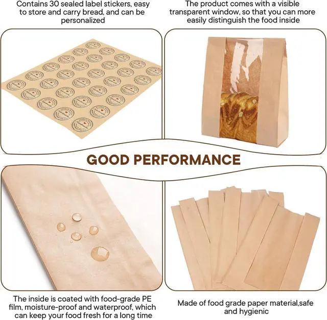 Alt view image 4 of 6 - 30 pack bread paper bags with window, including 30 homemade bread storage label seal stickers (13.7x8.3x3.5 inches)