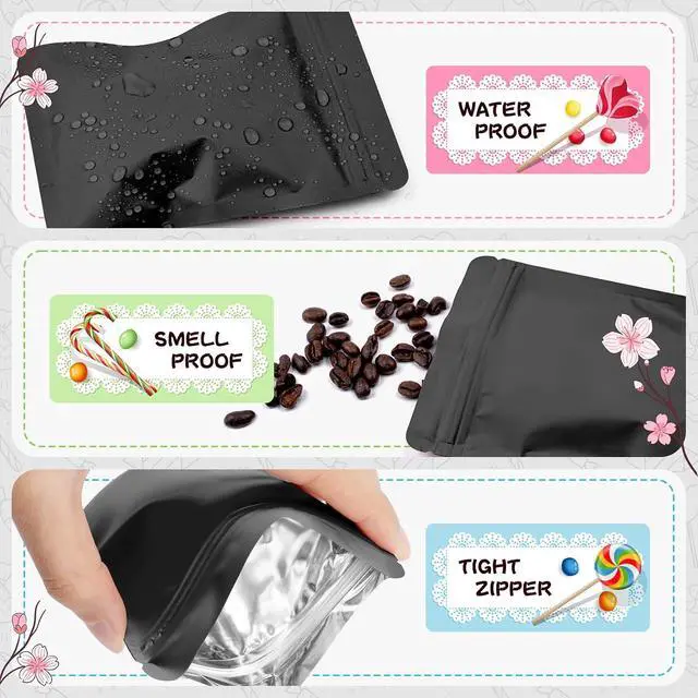 Alt view image 5 of 7 - Funfery 100 Pack Black Mylar Packaging Bags Odor Proof Resealable Bags