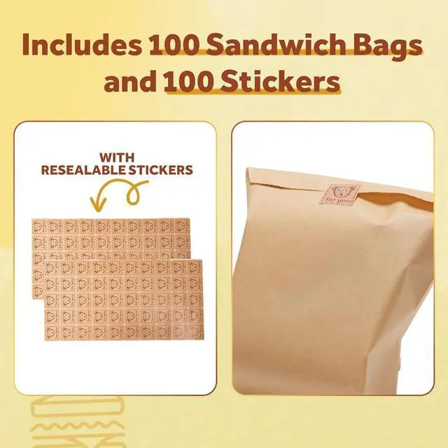 Alt view image 2 of 6 - Volokitx 100 Pack 6x8 Inch Kraft Paper Sandwich Bags with 100 Bear Stickers