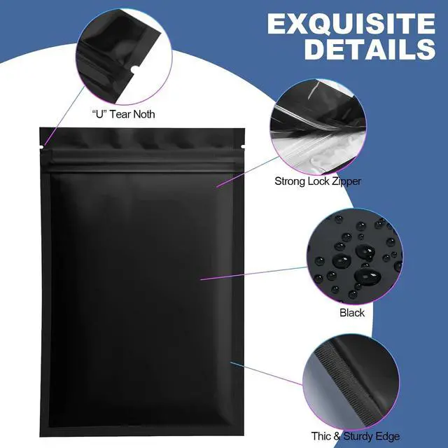Alt view image 5 of 7 - 100 Pack Smell Proof Mylar Bags for Food Storage - 3 x 4.5 Inch Resealable Packaging Pouch Bags Matte Black