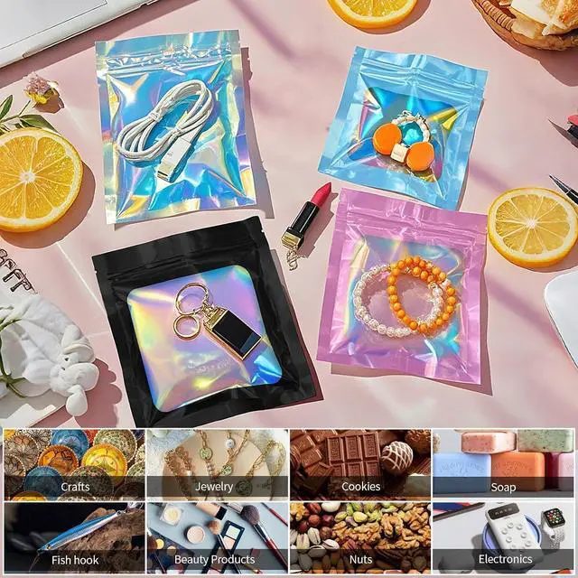 Alt view image 4 of 7 - 100 Pieces Resealable Smell Proof Bags - 4 x 6 Inches Foil Pouch Bags Flat Clear Food Storage Bags Plastic Packaging Foil Mylar Bags for Party Favor Food Storage (Holographic Rainbow Color)