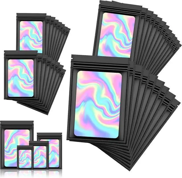 Main image of 120 PCS Smell Proof Mylar Bags Resealable Holographic Packaging Pouch with Clear Window for Food Eyelash Jewelry Candy Electronics Storage, 4 Sizes (Black) (BLACK)