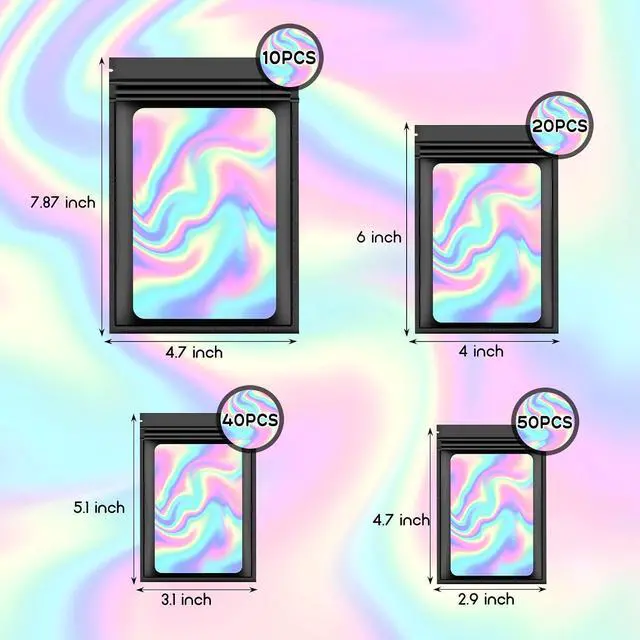 Alt view image 2 of 6 - 120 PCS Smell Proof Mylar Bags Resealable Holographic Packaging Pouch with Clear Window for Food Eyelash Jewelry Candy Electronics Storage, 4 Sizes (Black) (BLACK)