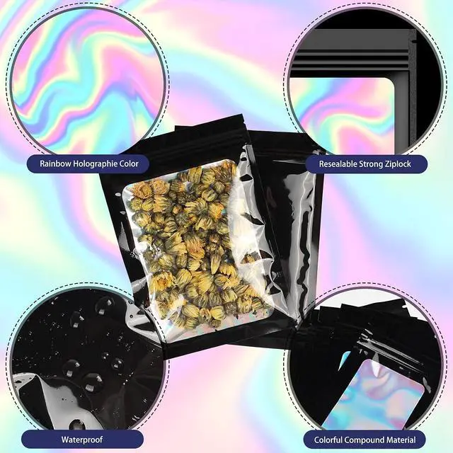 Alt view image 3 of 6 - 120 PCS Smell Proof Mylar Bags Resealable Holographic Packaging Pouch with Clear Window for Food Eyelash Jewelry Candy Electronics Storage, 4 Sizes (Black) (BLACK)