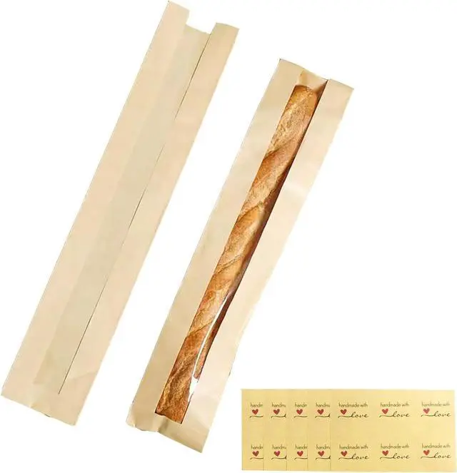 Main image of 40 Pack Baguette Bags,Kraft Paper Long French Bread Bags for Homemade Bread with Clear Front Window(23.5 x 4.3 x 1.6 Inch),Label Seal Sticker Included
