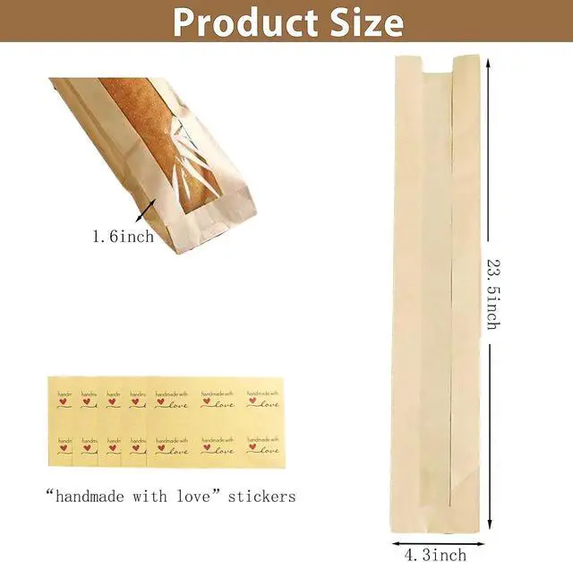 Alt view image 2 of 6 - 40 Pack Baguette Bags,Kraft Paper Long French Bread Bags for Homemade Bread with Clear Front Window(23.5 x 4.3 x 1.6 Inch),Label Seal Sticker Included
