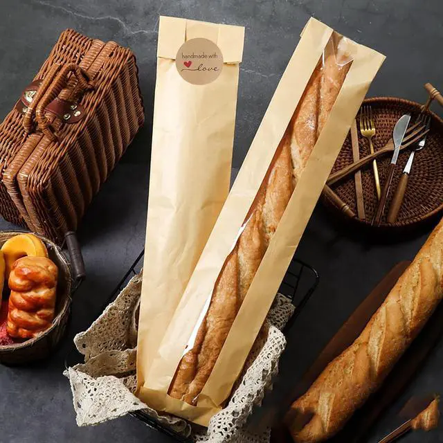 Alt view image 4 of 6 - 40 Pack Baguette Bags,Kraft Paper Long French Bread Bags for Homemade Bread with Clear Front Window(23.5 x 4.3 x 1.6 Inch),Label Seal Sticker Included