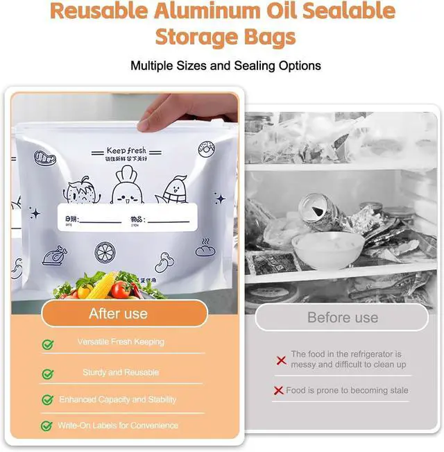 Alt view image 3 of 6 - Aluminum Foil Sealable Storage Bags - Freezer Bags, Resealable Stand Up Pouches for Fresh Keeping, with Label, Zip Lock, Suitable for Vegetable, Fruit, Meat, and More,3 Size (15)