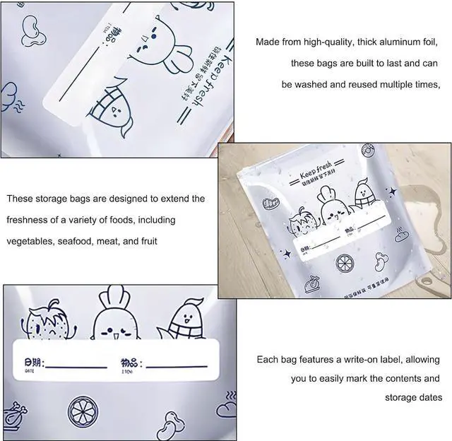 Alt view image 4 of 6 - Aluminum Foil Sealable Storage Bags - Freezer Bags, Resealable Stand Up Pouches for Fresh Keeping, with Label, Zip Lock, Suitable for Vegetable, Fruit, Meat, and More,3 Size (15)