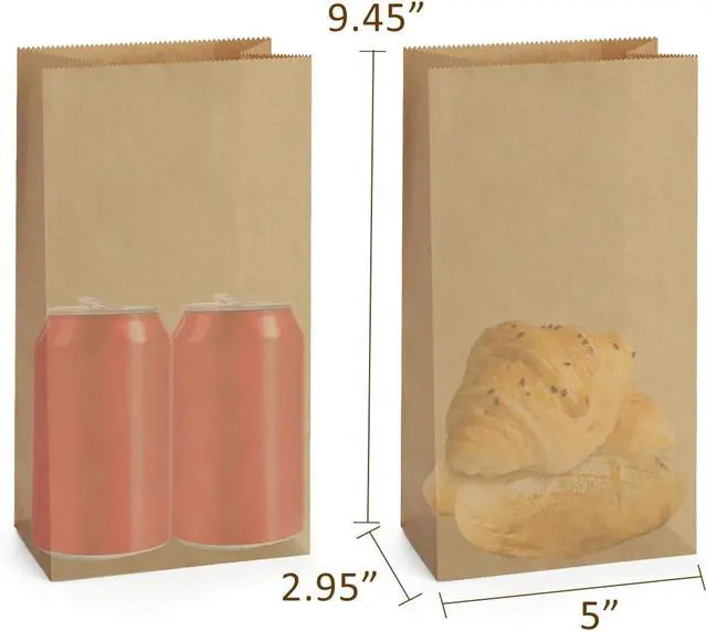 Alt view image 2 of 7 - SHOPDAY 100 Pack Brown Kraft Paper Lunch Bags, 4lb Capacity, 5x2.95x9.45 Inches, Fold Top, Disposable, Brown