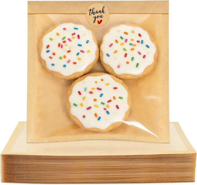 Main image of 100 Pack Cookie Bags with Seal, 7.1x7.5 Inch Heat Sealable Bakery Bags with Window Grease Resistant Paper Packaging Sleeves for Bake Sale Bagel, Cake Slice, Sandwich, Donut, Pastry