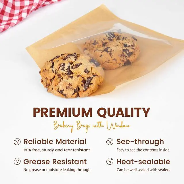 Alt view image 4 of 7 - 100 Pack Cookie Bags with Seal, 7.1x7.5 Inch Heat Sealable Bakery Bags with Window Grease Resistant Paper Packaging Sleeves for Bake Sale Bagel, Cake Slice, Sandwich, Donut, Pastry