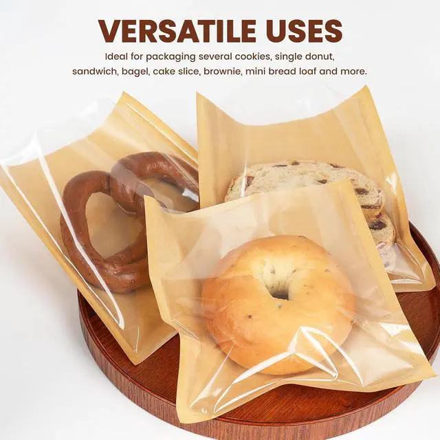 Alt view image 6 of 7 - 100 Pack Cookie Bags with Seal, 7.1x7.5 Inch Heat Sealable Bakery Bags with Window Grease Resistant Paper Packaging Sleeves for Bake Sale Bagel, Cake Slice, Sandwich, Donut, Pastry