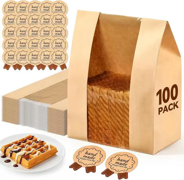 Main image of AOZITA 100 Pack Paper Bread Bags for Homemade, Bread Bags with Window for Sourdough Bread Storage, 13.7x8.3x3.5 Inch, Includes Seal Stickers