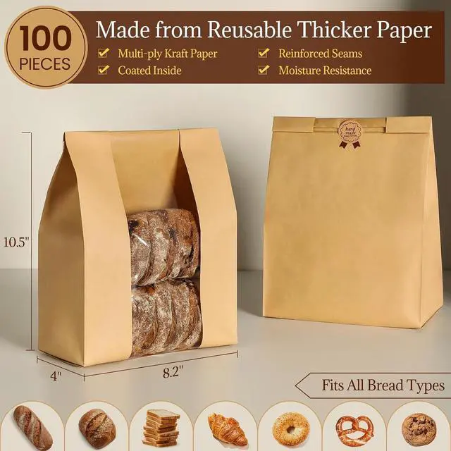 Alt view image 2 of 7 - AOZITA 100 Pack Paper Bread Bags for Homemade, Bread Bags with Window for Sourdough Bread Storage, 13.7x8.3x3.5 Inch, Includes Seal Stickers