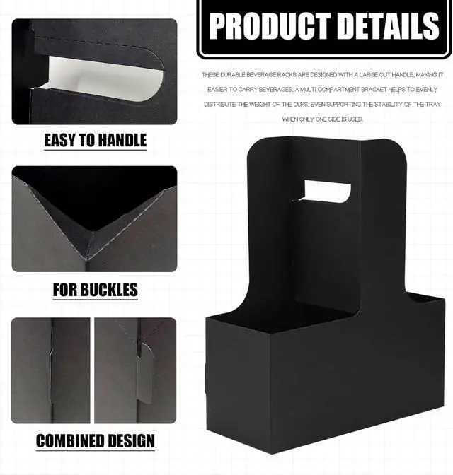 Alt view image 3 of 7 - 2 Cup Disposable Drink Carrier for Delivery with Handle,15 Count Black Paperboard Cup Holder,Cup Carriers for Hot or Cold Drinks,Coffee Carrier, Food Delivery,Take Out Cup Carriers (Black, 15 PCs)