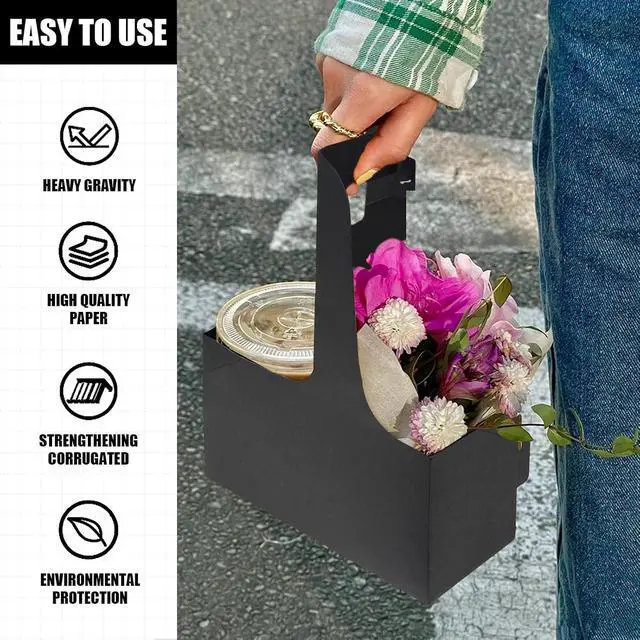 Alt view image 5 of 7 - 2 Cup Disposable Drink Carrier for Delivery with Handle,15 Count Black Paperboard Cup Holder,Cup Carriers for Hot or Cold Drinks,Coffee Carrier, Food Delivery,Take Out Cup Carriers (Black, 15 PCs)
